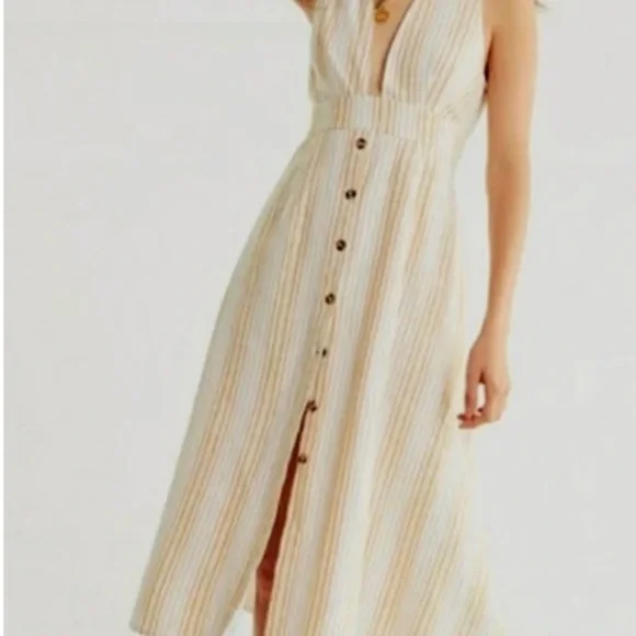 Urban Outfitters Millie Stripe Plunging Cream and Tan Backless Dress - Picture 4 of 13